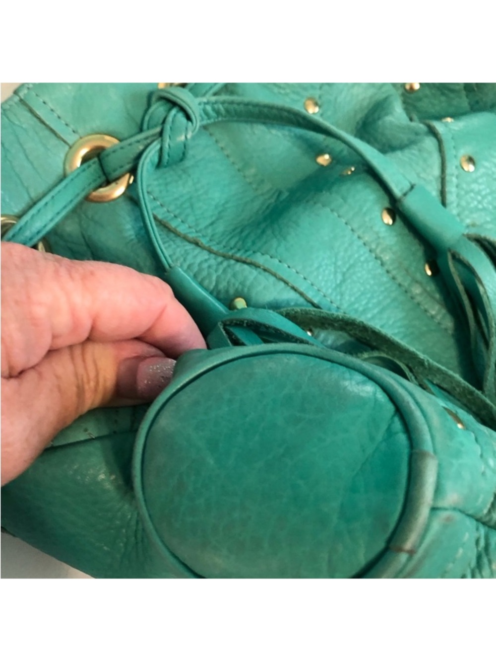BULGA Teal leather boho Bag with Gold Eyelets - Picture 8 of 8